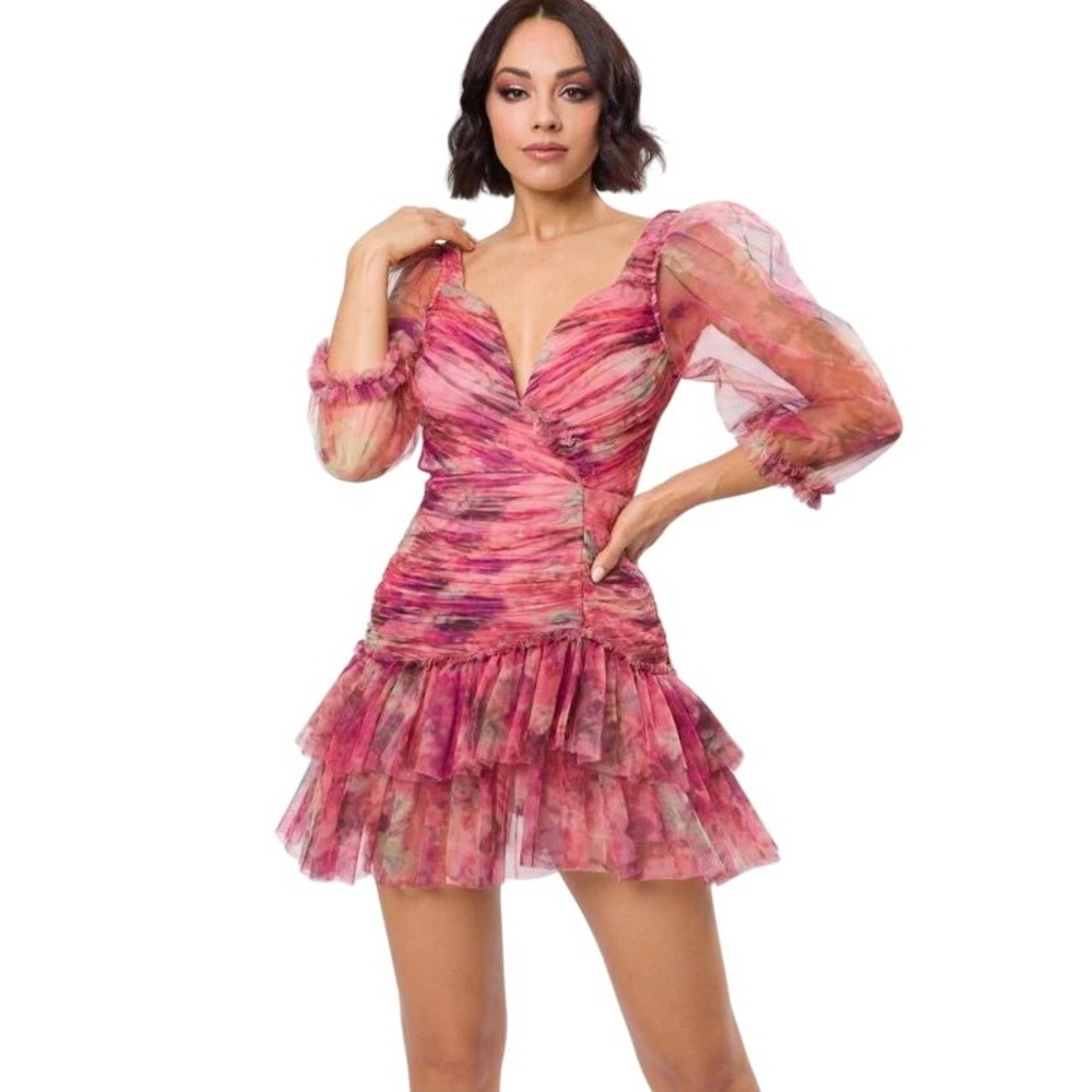 Rosevelvet Rose Velvet Pink Multi‎ Floral Print Double Ruffle Mini Dress Size 1X